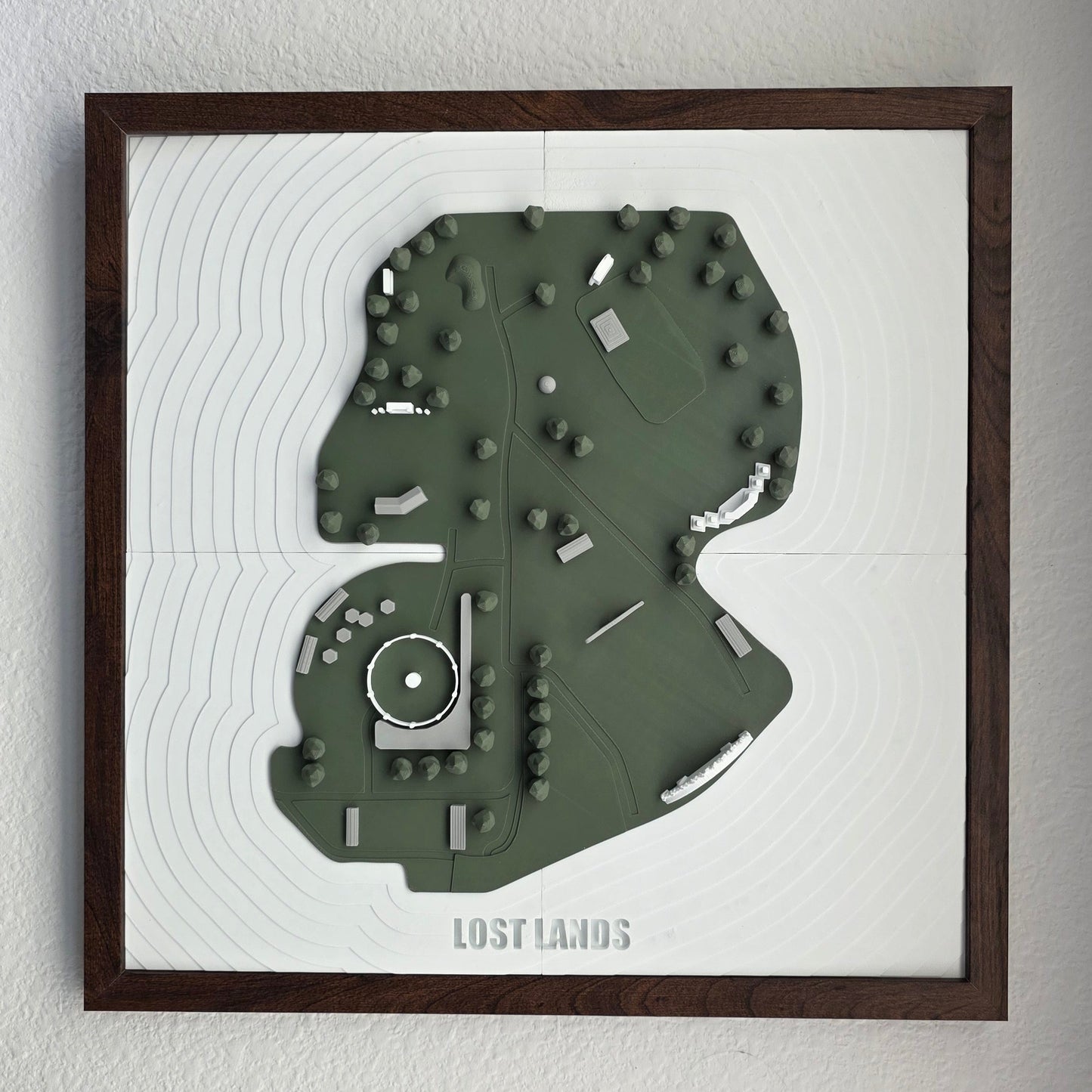 Framed wall art of a detailed map or diagram on a white background