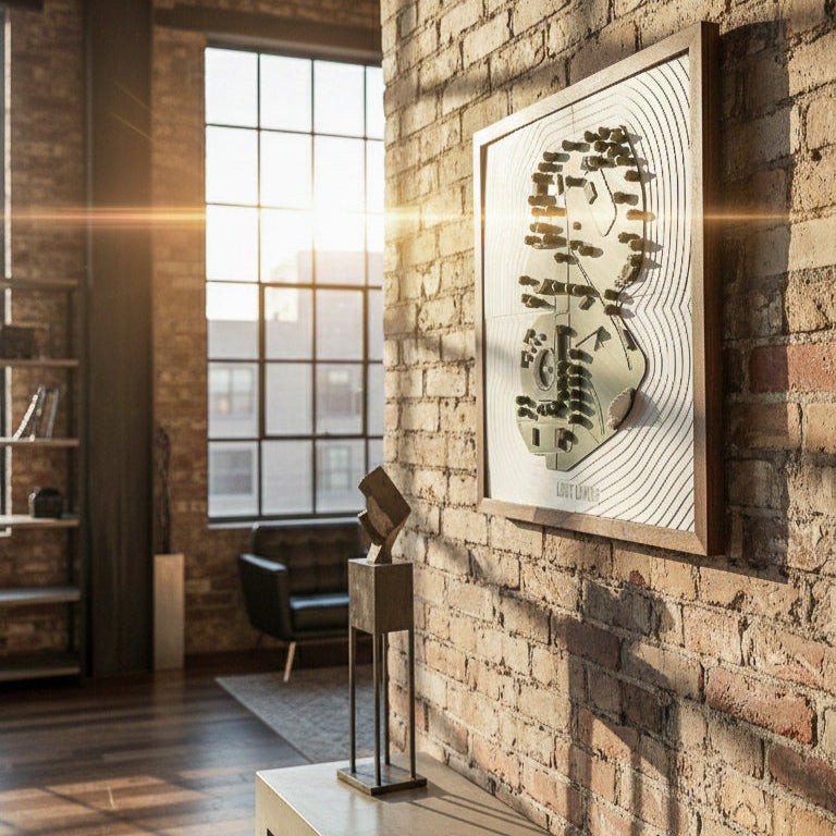 A photo of the framed model on a brick wall