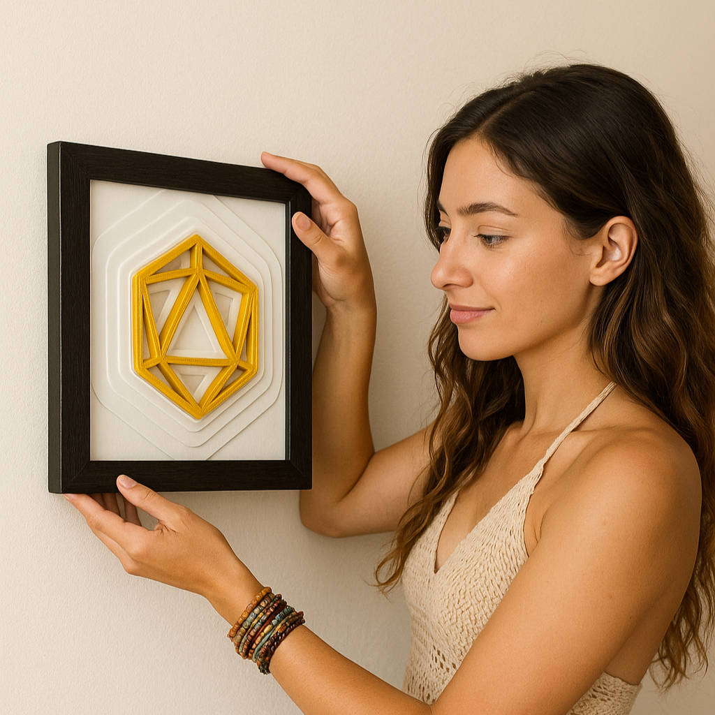 Woman holding a framed geometric art piece against a wall