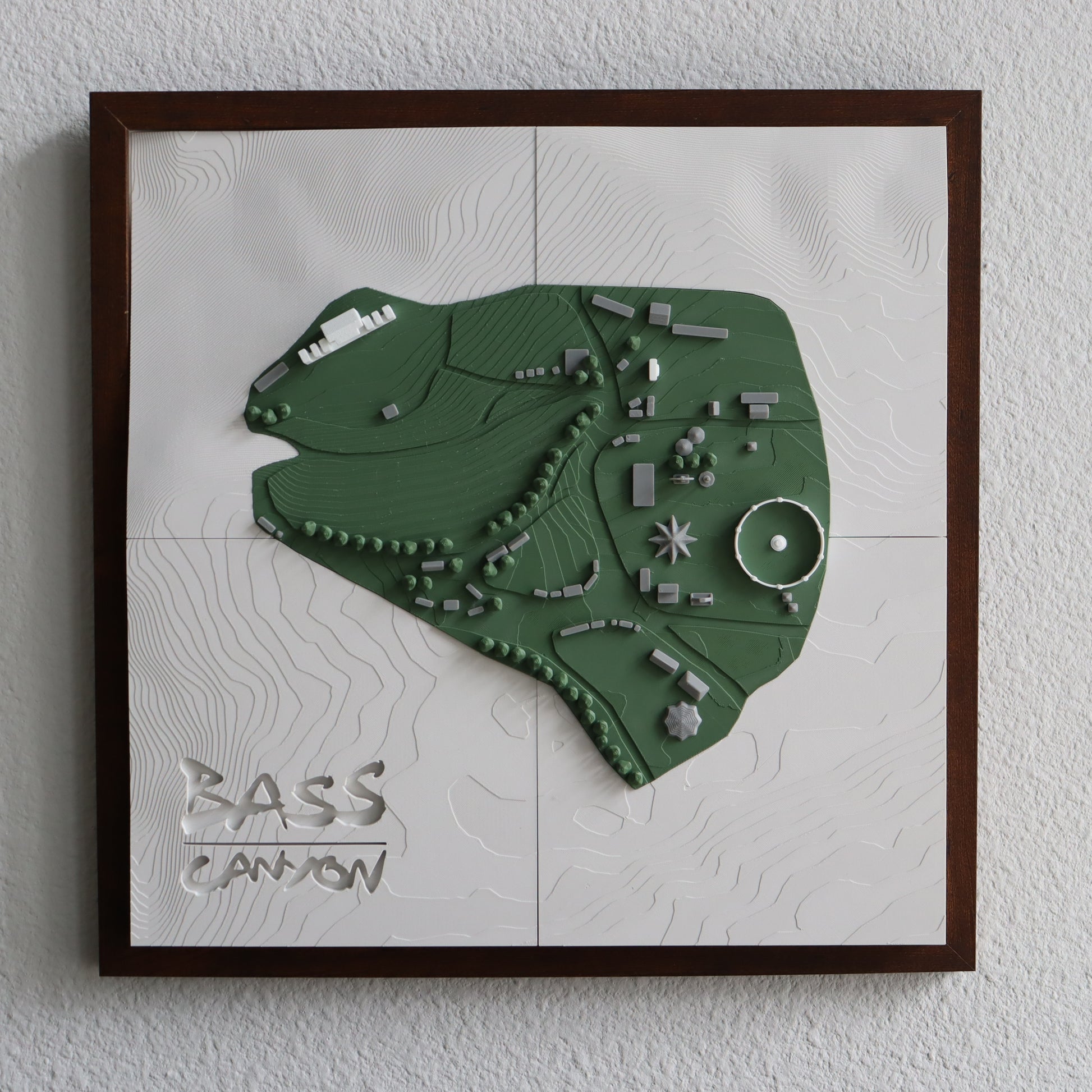 Framed topographic map of Bass Canyon on a white wall