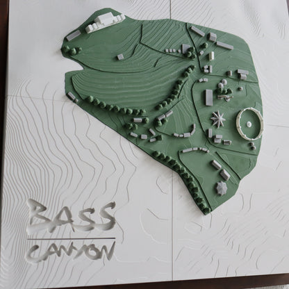 3D model of a landscape with 'BASS CANYON' text on a white background