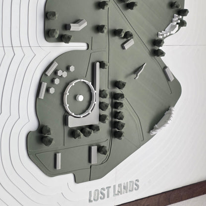Model of a landscape with trees and roads on a white background