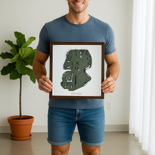 Man holding a framed artwork in a room with a plant and white curtains.