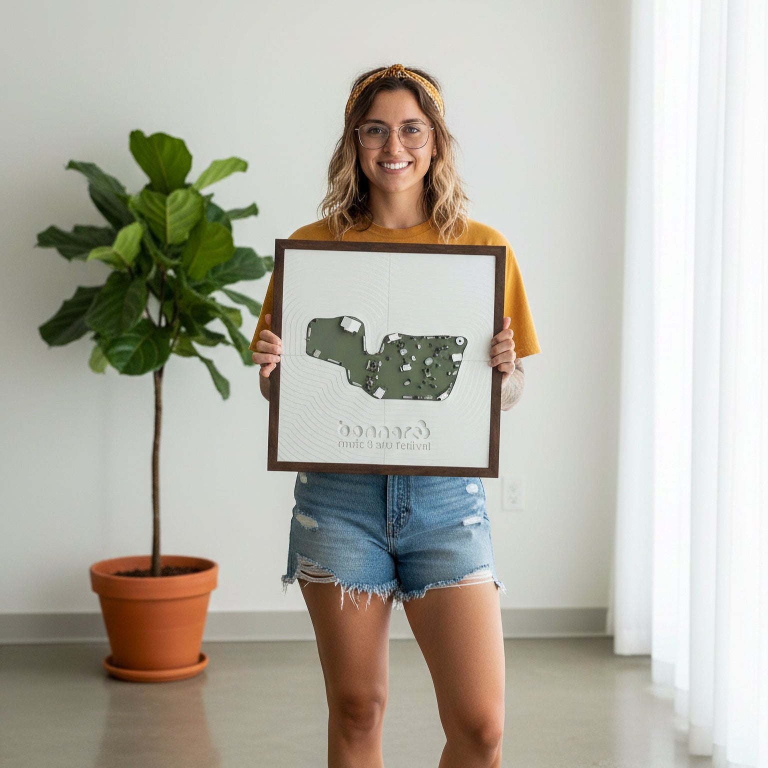 Woman holding a framed festival map of bonnaroo in  a room with a plant and white wall.