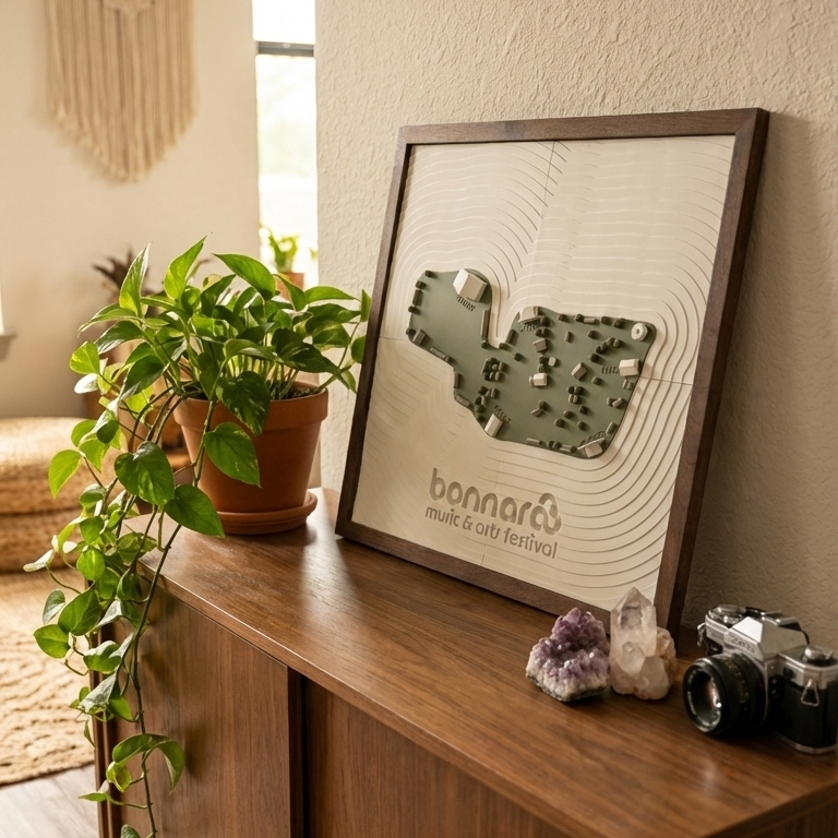 Framed map on a wooden sideboard with decorative items in a room.
