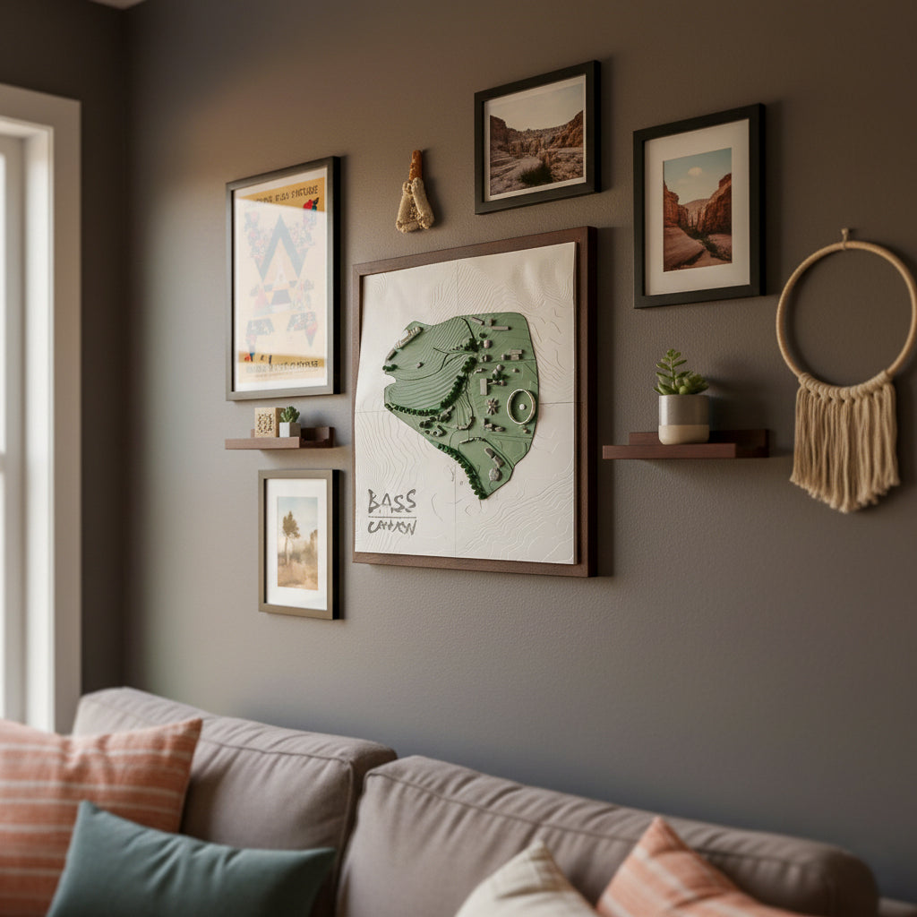 Living room with a wall featuring framed pictures, a map, and decorative items.