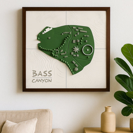 Framed map of Bass Canyon on a wall in a living room setting.