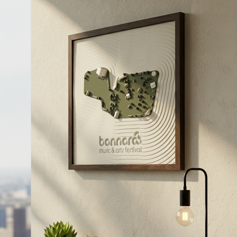 Framed artwork on a wall with a lamp and plant below