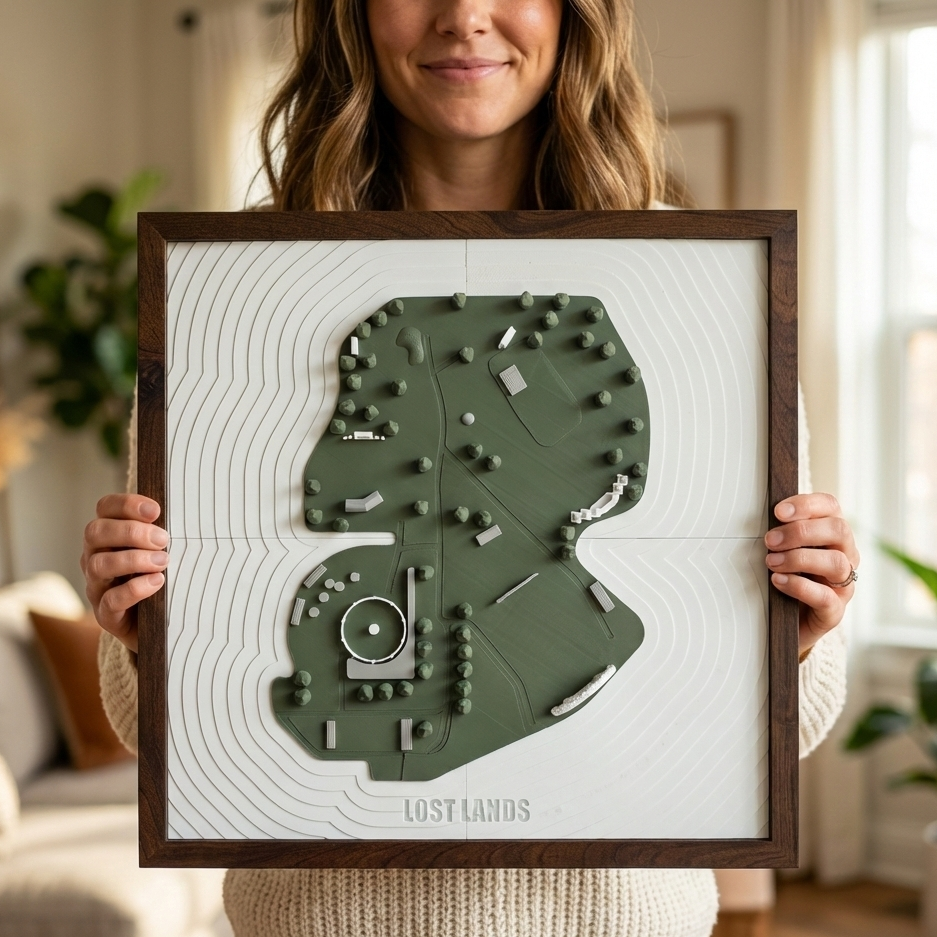 Person holding a framed topographic map of Lost Lands in a living room setting.
