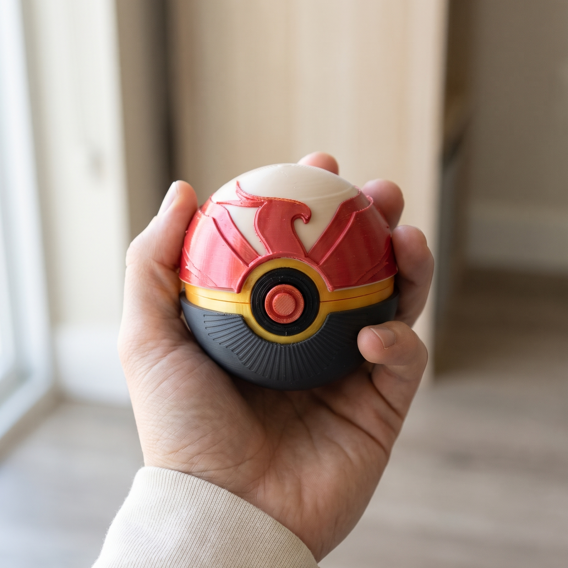 A hand holding a red, white, and black spherical toy with gold accents, resembling a Pokéball-style device, against a softly blurred indoor background.