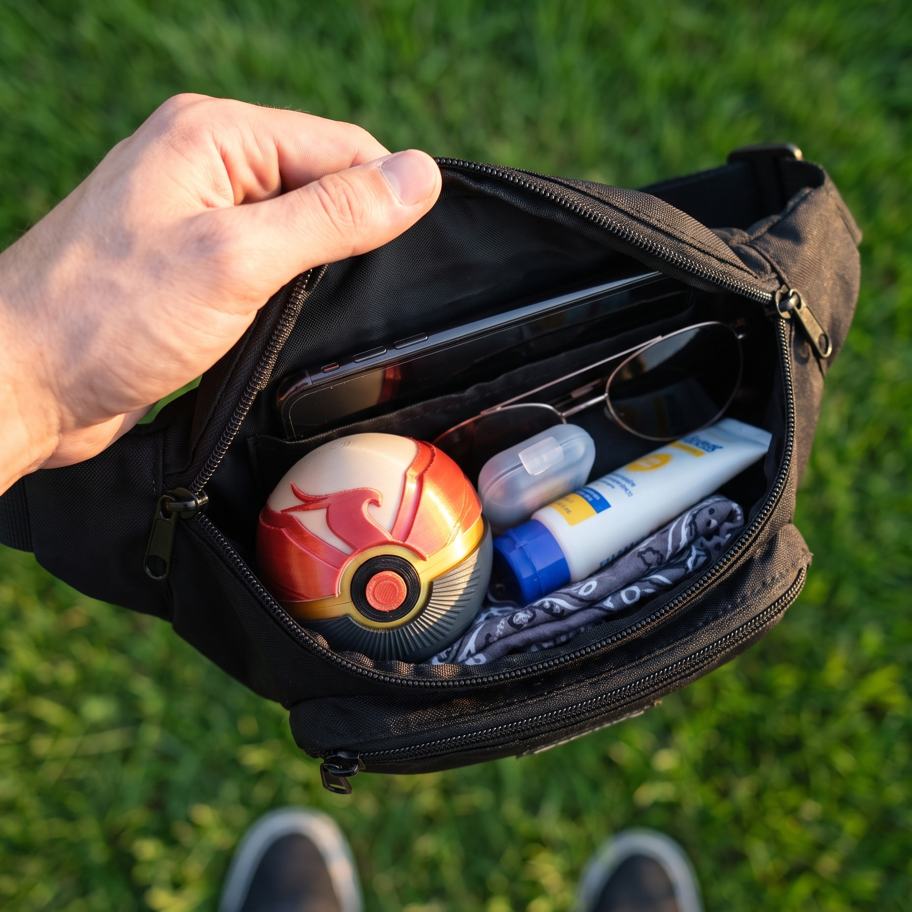A black waist bag or fanny pack is shown open in an outdoor setting, held by a person's hand. Inside the bag are various items including a red and white spherical accessory, sunglasses, a tube of sunscreen, and a phone.