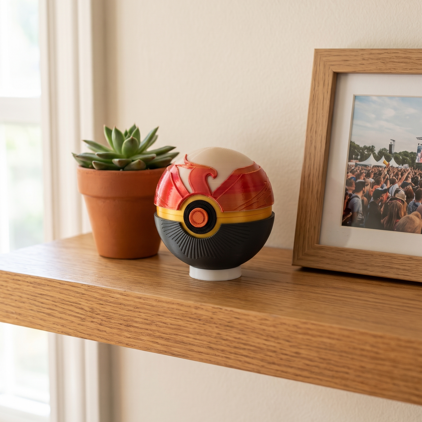 A decorative Pokéball-themed lamp or speaker sits on a wooden shelf next to a potted succulent and a framed photo print, set against a warm beige wall.