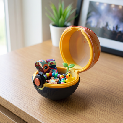 A small toy storage box shaped like a black and yellow egg, shown open on a wooden table. Inside are colorful beads, a small yellow duck figure, and a tiny green sprout.