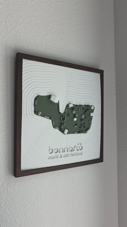 A 3d-printed model of the bonnaroo festival map hanging on a wall
