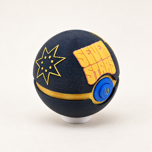 Seven Stars Memory Capsule on a white stand against a warm neutral background